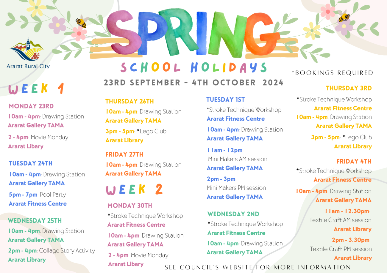 A calendar with school holidays programs for kids