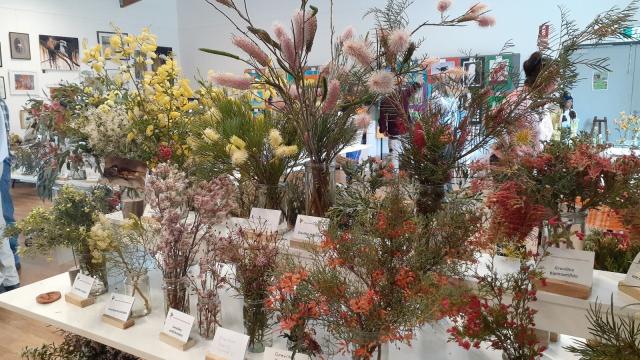 A display of native Australian plants on tables in an event space