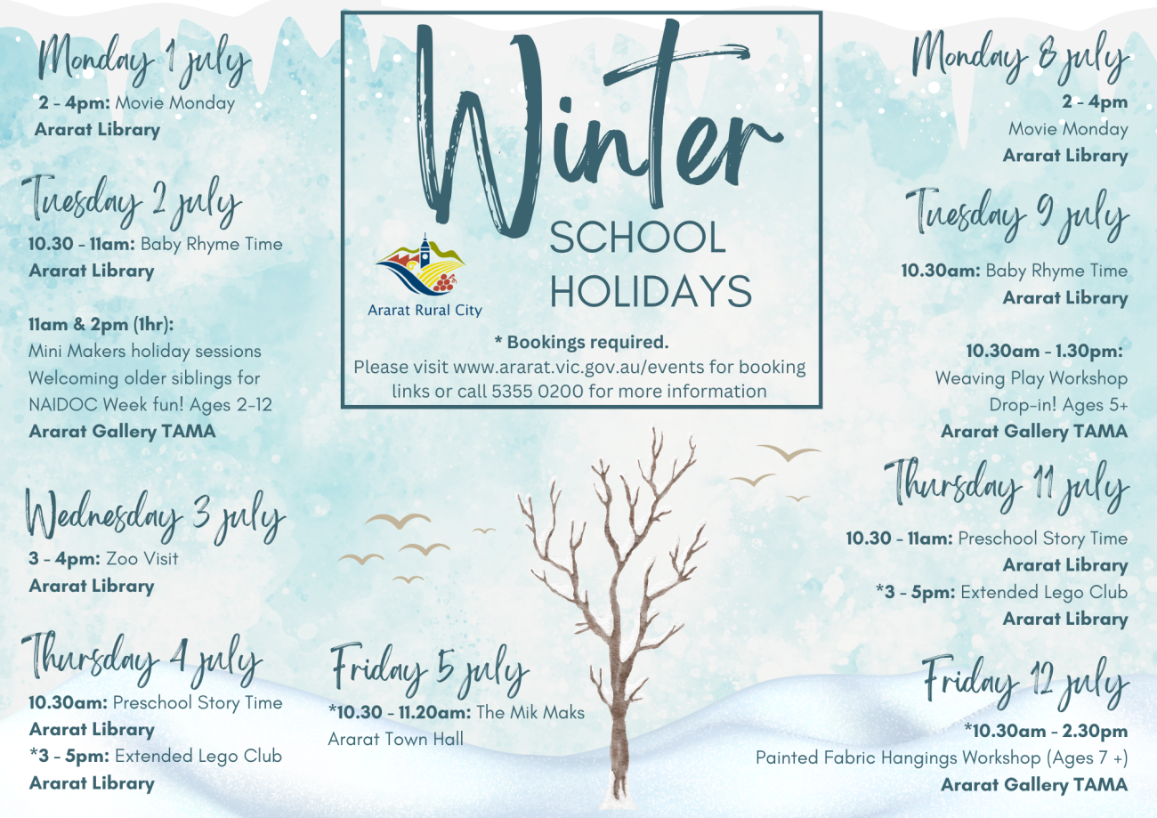 Informative infographic with wintery theme with text detailing various school holiday activities available for winter 2024