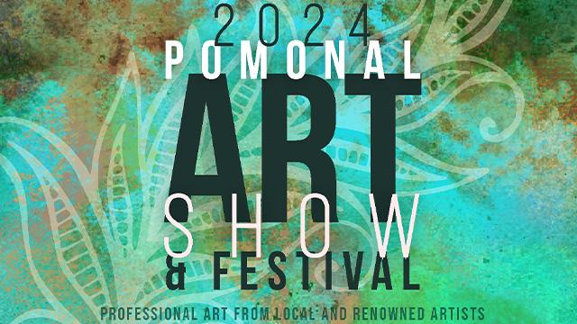 Text-based flyer for Pomonal Art SHow & Festival with blue and green atmospheric colours and fern shapes in the background