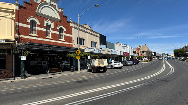 Regional township main street on a sunny day with blue sky