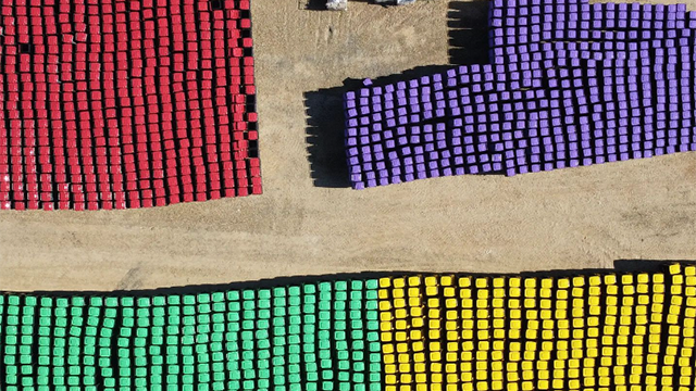 overhead shot of many large bins organised into red, purple, green and yellow